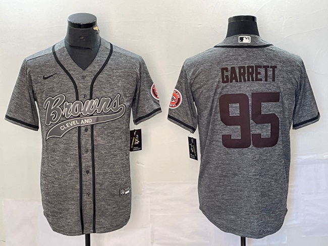 Men's Cleveland Browns #95 Myles Garrett Gray With Patch Cool Base Stitched Baseball Jersey - Click Image to Close